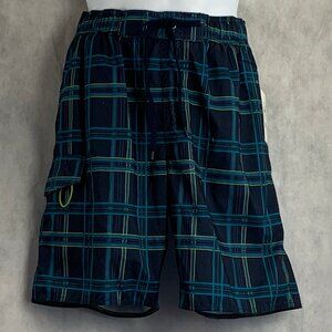 Newport Blue Men's Beach Side Plaid Swim Trunks Swimsuit, Blue Lime, Small